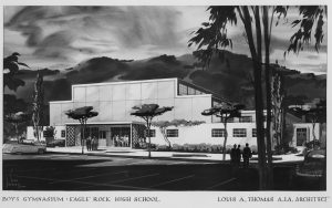 The New Boy’ Gym (now the large gym) The first permanent modernist structure on the campus, built in the early sixties, provided a sky lit gym with folding bleachers, coaches’ offices, a classroom, and locker rooms. At the same time new parking lots were built and the closure of Oak Grove Avenue, which ran through the campus, provided additional space for a growing school. (Courtesy of the LAUSD Art and Artifact Collection, Architect Louis A. Thomas, Rendering by Stan Johnson)