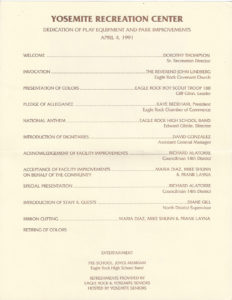 The dedication ceremony for the park improvements. LA Recreation and Parks Program, 4/4/1981.