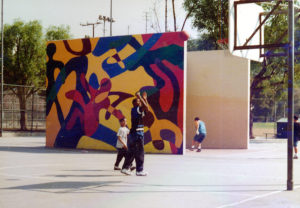 This photo was taken as an entery in the first Eagle Rock Snapshot Day photo contest by Richard Vargas. The players and artists names are unknown. The mural has since been painted over.-ERVHS/Eagle Rock Snapshot Day, 3/8/1997.