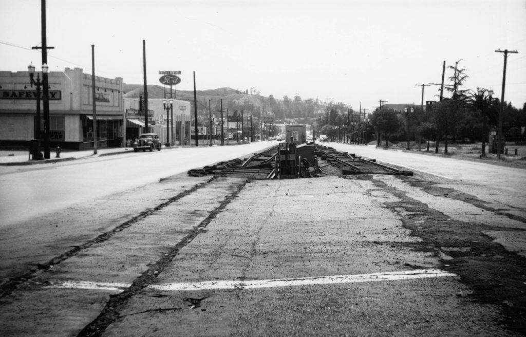 The same view at Argus Drive looking west in June of 1948. The track and the raised boarding area are removed. (Alan Weeks photograph)
