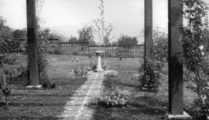 From the beginning her garden was her great love. Built specifically to attract birds; it featured native plantings to provide appropriate habitat supplemented by well-supplied feeders and the featured birdbath. (ERVHS-Pratt Collection)