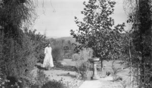 Miss Pratt poses in a more mature garden. Can you identify the species shown? (ERVHS-Pratt Collection)