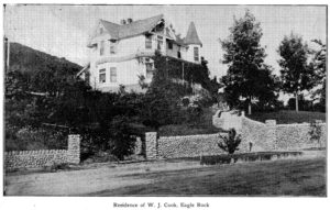 Built in 1886 by Mr. and Mrs. John Broxham, the house still stands on Hill Drive today. The land was watered by a spring from a cave dug into the hills. W.J. Cook, who resided in the house in 1909, was the president of the Eagle Rock School Board. A later owner, Dr. Marion Michael Null wrote a book called “Forgotten Pioneer: The Life of Davy Crockett” in 1954. (Published in the Los Angeles Herald Sunday Magazine)