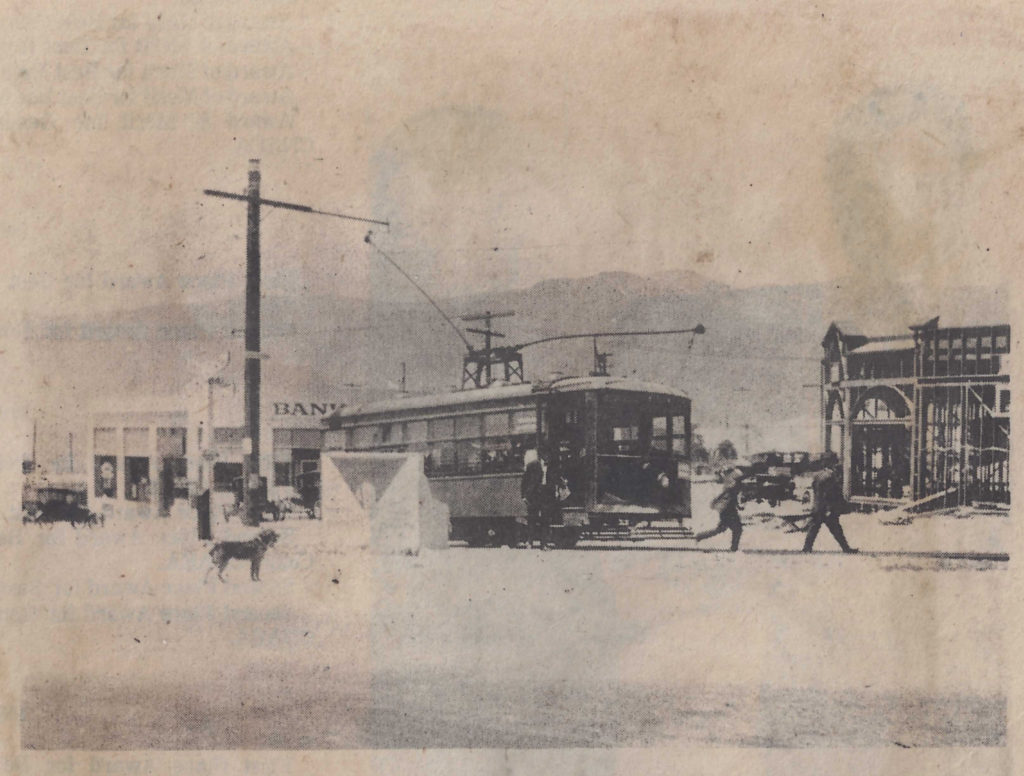 The caption reads “DING DONG-DINKEY – That was the name coined by foothills residents for the tiny trolleys that provided transit in La Crescenta as well as inter valley service to Glendale Montrose and Los Angeles (Eagle Rock ed.). Car No. 3 was one of four single specimens built in 1919 by the American Car Co. and is shown ready to bob along the center of Montrose Avenue at he Corner of Honolulu. The short line faded into history with the last runs on Dec. 30, 1930.” (Foothill Ledger)