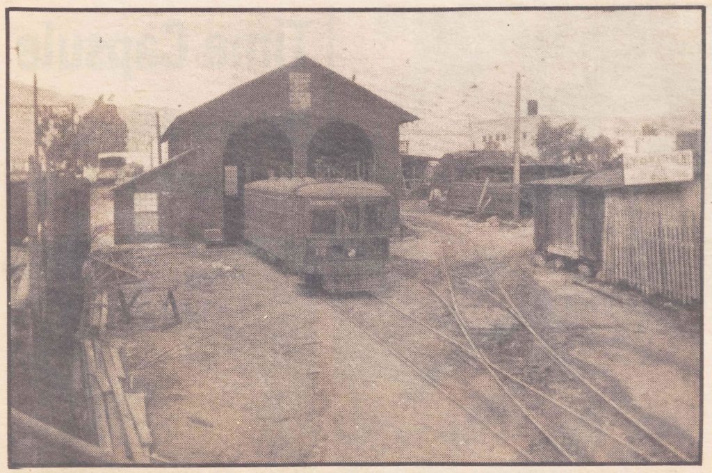 “TROLLEY BARN IN MONTROSE- Yes, indeed! The streetcar barn shown in this historic picture is still located in Montrose, even though the famed red cars and tracks of the Los Angeles trolley system are long gone. The barn is on the property of the Anawalt Lumber and Materials Company and is now inside a larger structure constructed by Anawalt” This is the only remaining physical remnant of the Glendale and Montrose line. (Foothill Ledger)