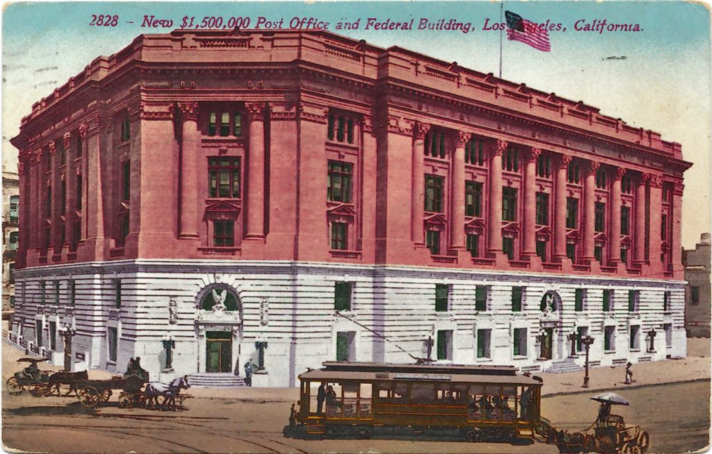 The Eagle Rock trolley departs downtown in front of the new Post Office and Federal Building in this postcard sent in 1911. (ERVHS)