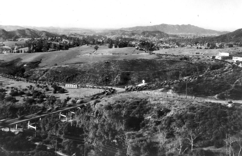 Nothing new. The traffic jam, probably on opening day, clogged both roads from Eagle Rock converging on the bridge across the Eagle Rock stream and headed for the Arroyo Seco. The view is from the top of the Rock looking east. (ERVHS)