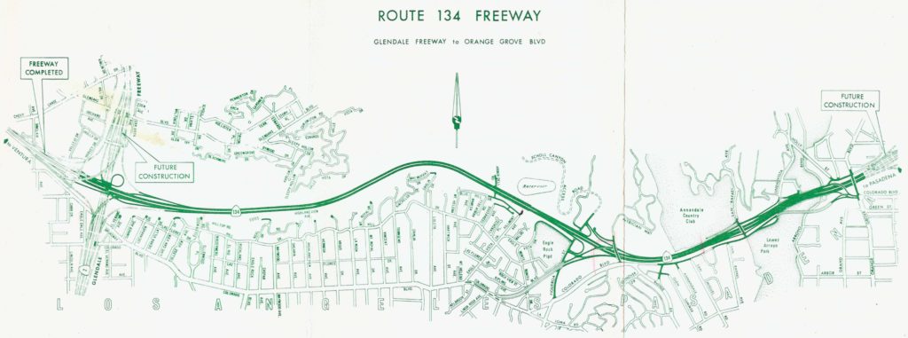This map, from an informational brochure published in 1969, shows the final route. Twenty years of lobbying by Eagle Rockers resulted in a much less destructive path. Still, over 200 houses were lost to the construction of routes 2 and 134 through Eagle Rock. (Caltrans brochure map)