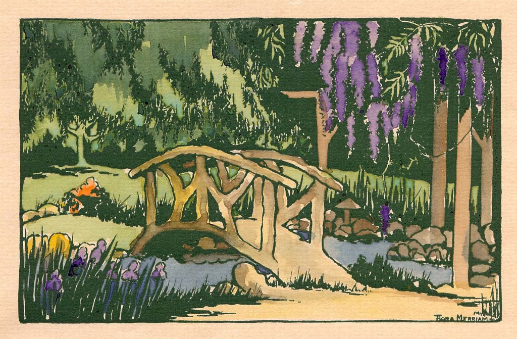 Flora Merriam vividly portrays the rustic bridge and water feature, shaded by wisteria, in this print. These Christmas cards appear to be original prints commissioned by the Argus family. (ERVHS)