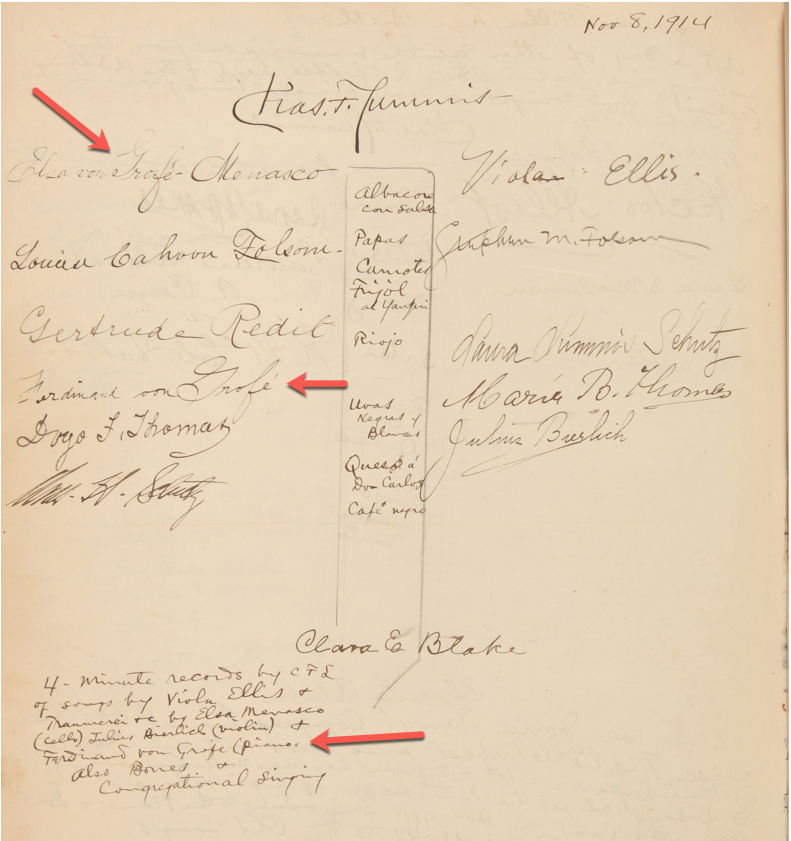 Mdm. Menasco was a frequent guest of Charles Lummis at his “noises”. This leaf from his guest book documents an occasion on November 8, 1914, when she, her brother Julius  Bierlich and her son Ferdinand von Grofe recorded compositions by composer Viola Ellis (Autry Museum of the American West, Southwest Museum)