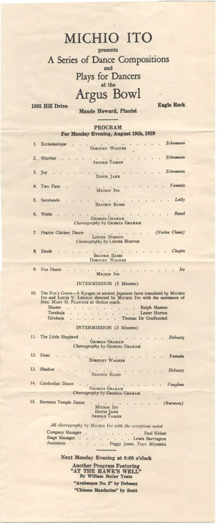 Later in 1929, Michio Ito, a Japanese dancer and choreographer, presented a series of dance/drama programs featuring himself and Horton. The remainder of the company were students of Ito and his eclectic approach to composition. Note the “Prairie Chicken Dance” to a “Native chant” performed and choreographed by Horton. (ERVHS)