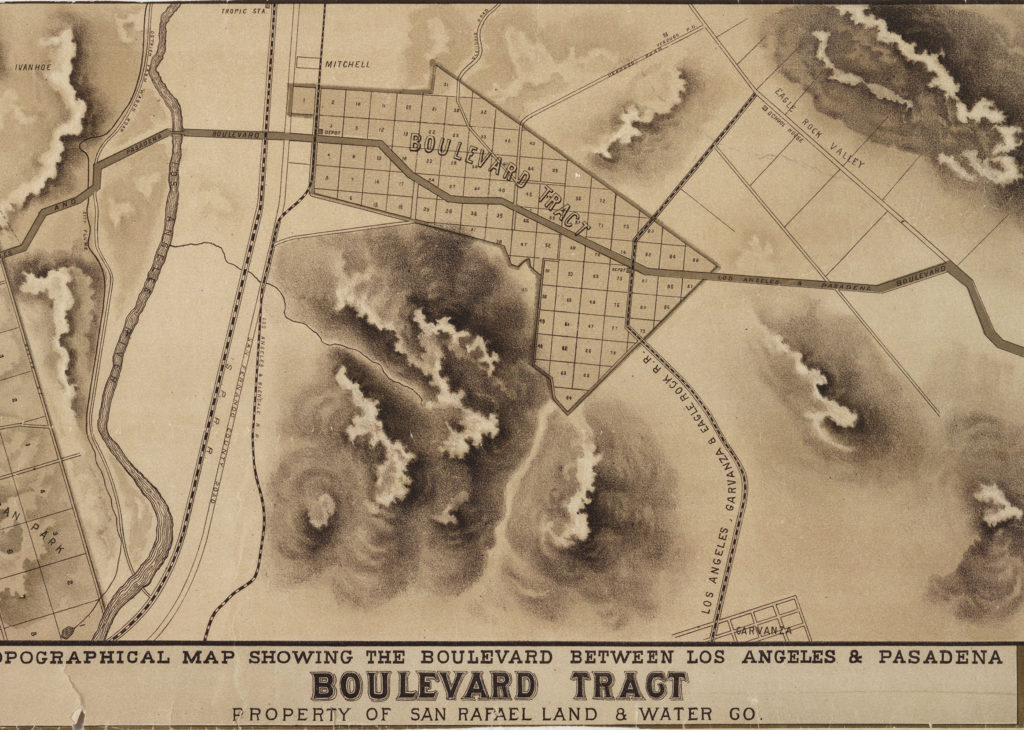 This topographical map shows more clearly the intent of the proposed transportation improvements. The Boulevard Tract was platted with the intent to extend the development boom West into the large tract of land purchased by Andrew Glassell in 1871 at the grand partition of the Rancho San Raphael. The boom seems to have busted before many of the lots were sold. Much of this area was incorporated into Los Angeles with the Occidental Addition in 1916. (Vintage advertisement-Huntington Library)
