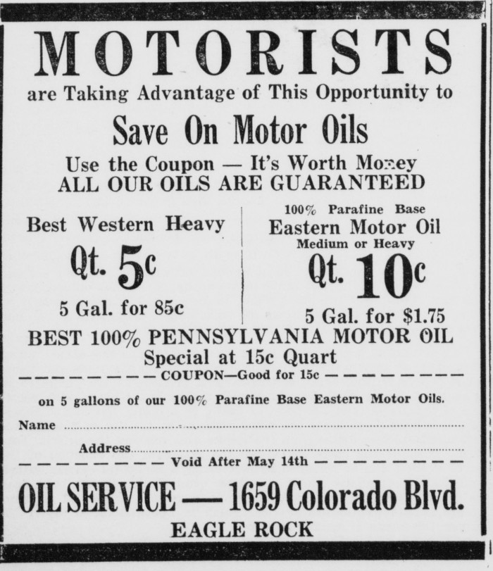 Ad for the new oil service station in the Eagle Rock Advertiser, 5/6/1932.
