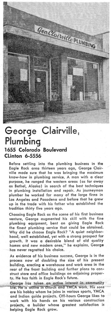 Ad for Clairville Plumbing which appeared in the Eagle Rock Sentinel’s 50th anniversary edition in 1960.