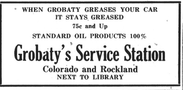 An ad for Grobaty’s Service Station, note the price for lubrication. (Eagle Rock Sentinel 11/16/1928)